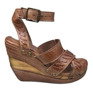 Bed Stu Kaphie Wooded Wedge Sandal Leather Cognac Sz 8